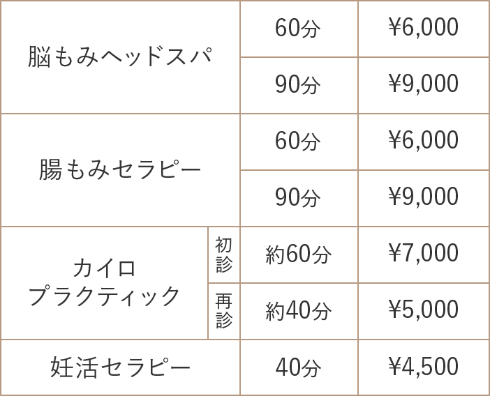 脳もみヘッドスパ 60分 6,000円 90分 9,000円 腸もみセラピー 60分 6,000円 90分 9,000円 カイロプラクティック 初診 約60分 7,000円 再診 約40分 5,000円 妊活セラピー 40分 4,500円